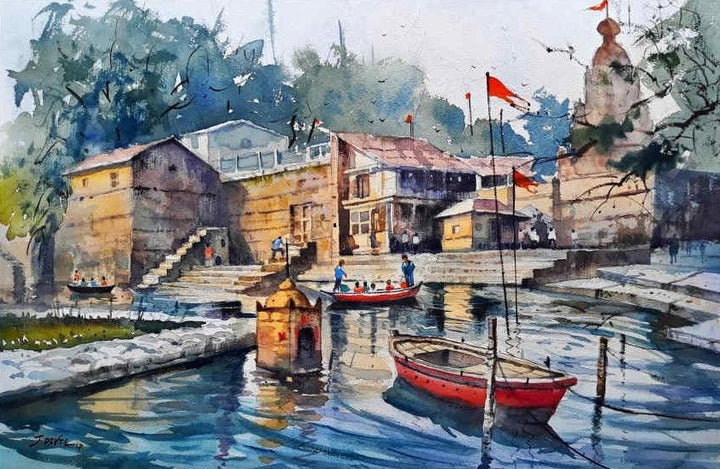 Religious watercolor painting titled 'Wai Panorama', 15x22 inches, by artist Jitendra Divte on Paper