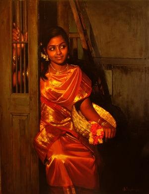 Figurative oil painting titled 'Waiting at the Door', 24x18 inches, by artist S  Elayaraja on Canvas