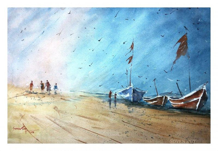 Landscape watercolor painting titled 'Waiting Boats', 20x14 inches, by artist Soven Roy on Paper