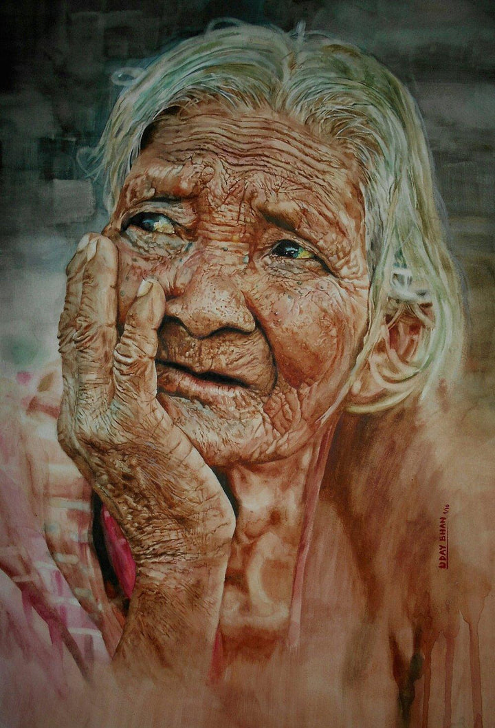 Portrait watercolor painting titled 'Waiting Eyes', 22x15 inches, by artist Dr.uday Bhan on Paper