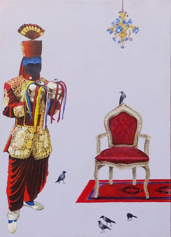 Figurative acrylic painting titled 'Waiting For King', 21x15 inches, by artist Anil Kumar Bodwal on Canvas