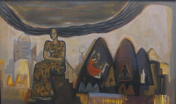 Figurative mixed media titled 'Waiting Outside', 36x60 inches, by artist Arpita Chandra on Canvas