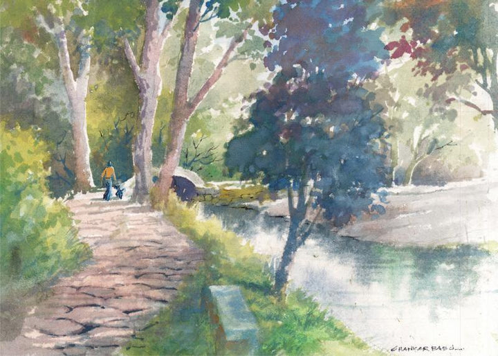 Scenic watercolor painting titled 'Walk By The Stream', 11x14 inches, by artist Sankara Babu on Paper