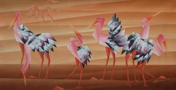 Animals acrylic painting titled 'Walking Conversation', 30x59 inches, by artist Nirakar Chowdhury on Canvas