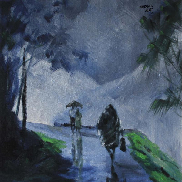 Scenic acrylic painting titled 'Walking In the Rain II', 36x24 inches, by artist Mopasang Valath on Canvas