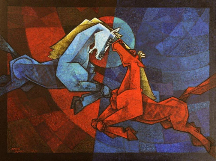 Animals acrylic painting titled 'Waltzing horses 1', 36x48 inches, by artist Dinkar Jadhav on Canvas