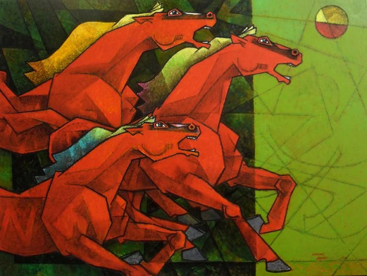 Animals acrylic painting titled 'Waltzing Horses', 48x36 inches, by artist Dinkar Jadhav on Canvas