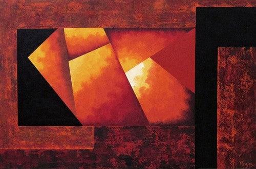 Abstract acrylic painting titled 'War And Peace', 34x22 inches, by artist Manju Lamba on Canvas