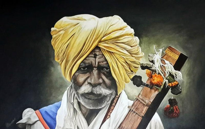 Portrait acrylic painting titled 'Warkari', 24x30 inches, by artist Prasad Karambat on Canvas Board