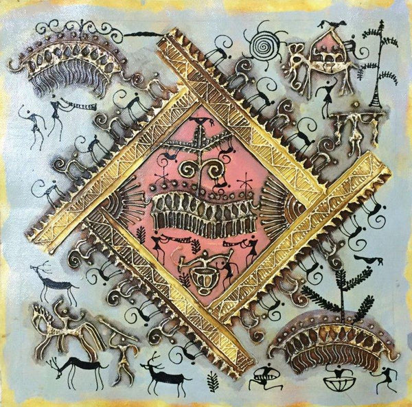 Folk Art tribal painting titled 'Warli Art 1', 12x12 inches, by artist Pradeep Swain on Canvas