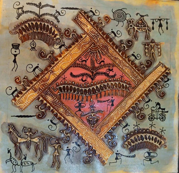 Figurative warli traditional art titled 'Warli Art 11', 12x12 inches, by artist Pradeep Swain on Canvas
