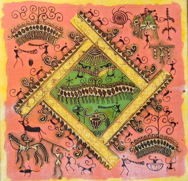 Figurative warli traditional art titled 'Warli Art 12', 12x12 inches, by artist Pradeep Swain on Canvas