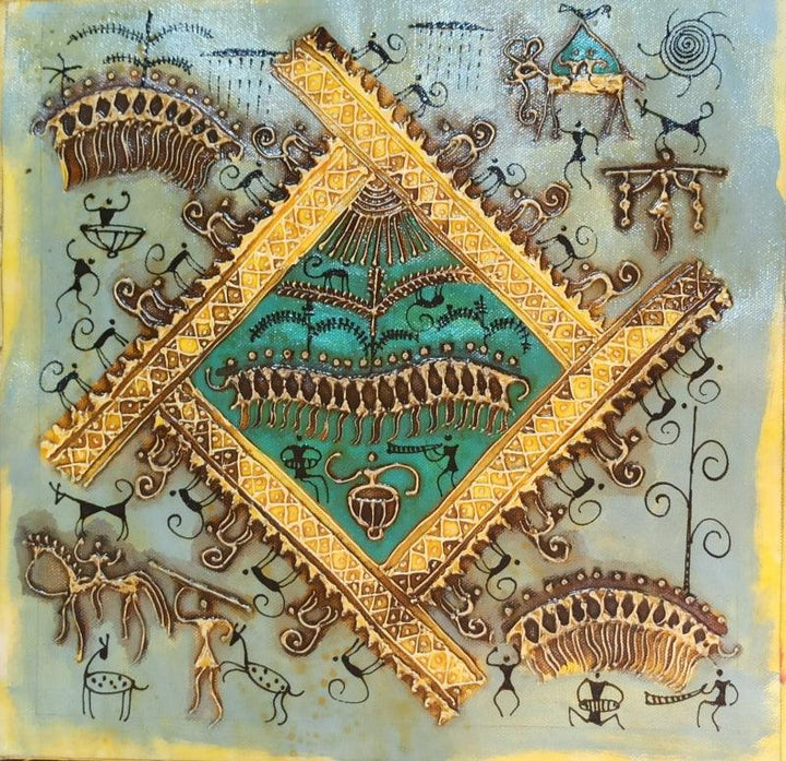 Figurative warli traditional art titled 'Warli Art 13', 12x12 inches, by artist Pradeep Swain on Canvas