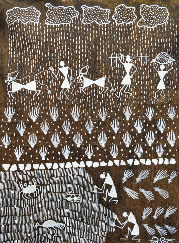 Lifestyle warli traditional art titled 'Warli Art 15', 10x7 inches, by artist Nikita Mundekar on Cloth