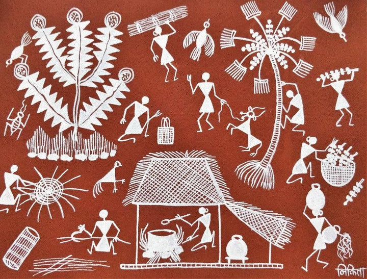 Lifestyle warli traditional art titled 'Warli Art 16', 7x9 inches, by artist Nikita Mundekar on Cloth