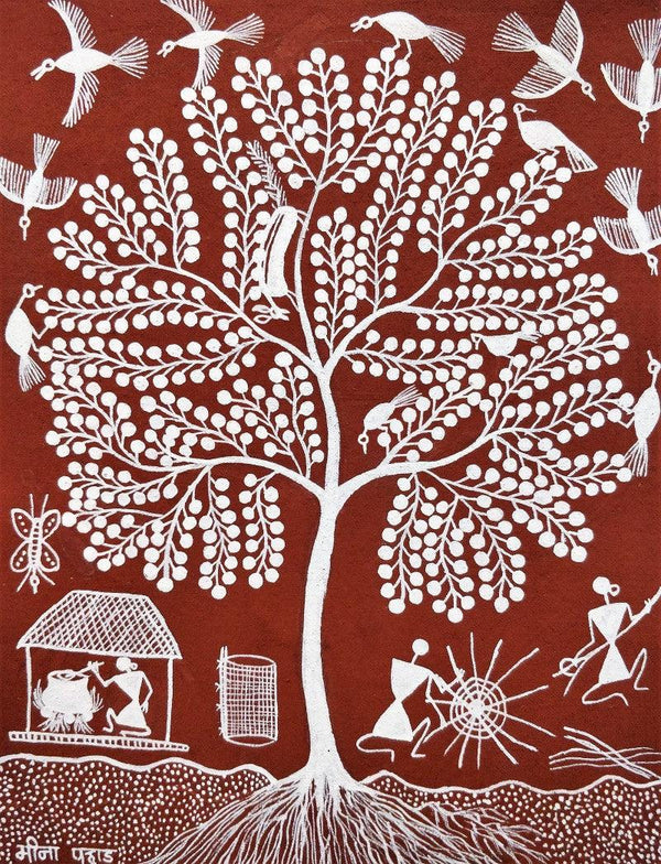 Lifestyle warli traditional art titled 'Warli Art 17', 9x7 inches, by artist Sanjay Parhad on Cloth