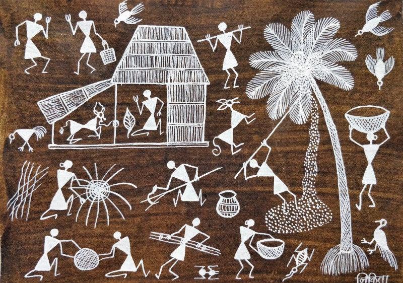 Warli Art 19 Light Brown Warli Traditional Art by Nikita Mundekar ArtZolo