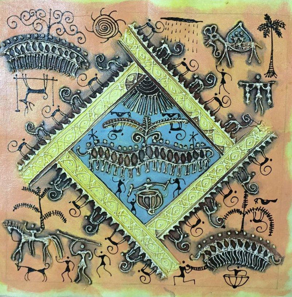 Folk Art tribal painting titled 'Warli Art 2', 12x12 inches, by artist Pradeep Swain on Canvas