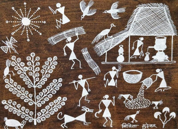 Lifestyle warli traditional art titled 'Warli Art 23', 7x10 inches, by artist Nikita Mundekar on Cloth