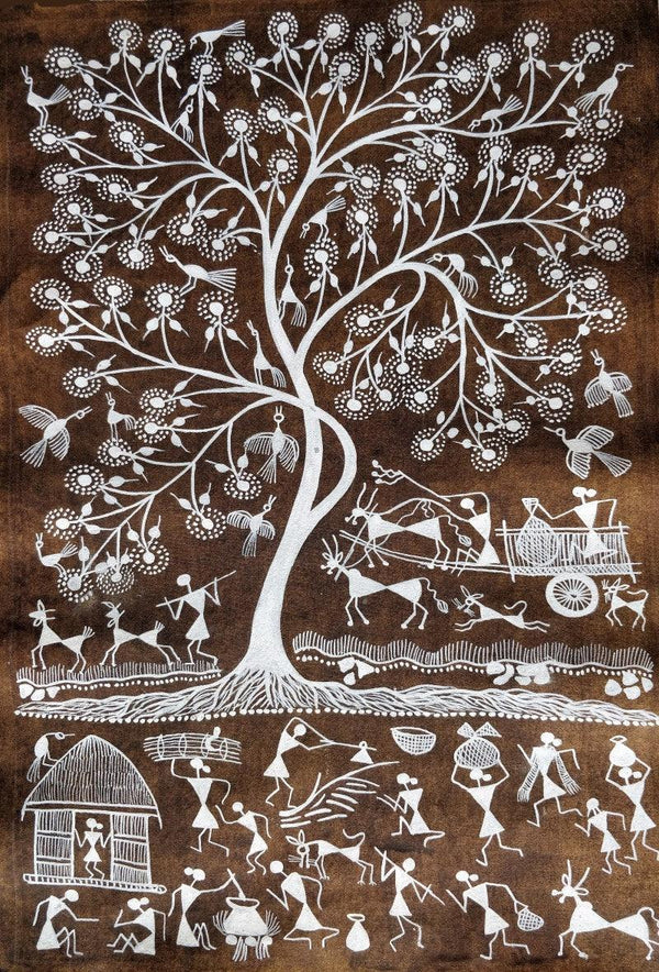 Lifestyle warli traditional art titled 'Warli Art 26', 18x12 inches, by artist Sanjay Parhad on Cloth
