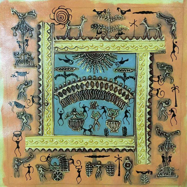 Folk Art tribal painting titled 'Warli Art 3', 12x12 inches, by artist Pradeep Swain on Canvas
