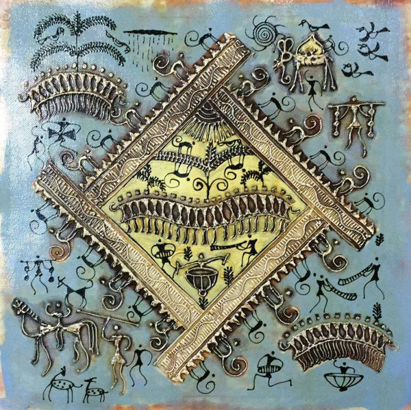 Folk Art tribal painting titled 'Warli Art 4', 12x12 inches, by artist Pradeep Swain on Canvas