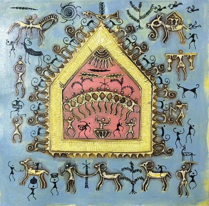 Folk Art tribal painting titled 'Warli Art 5', 12x12 inches, by artist Pradeep Swain on Canvas