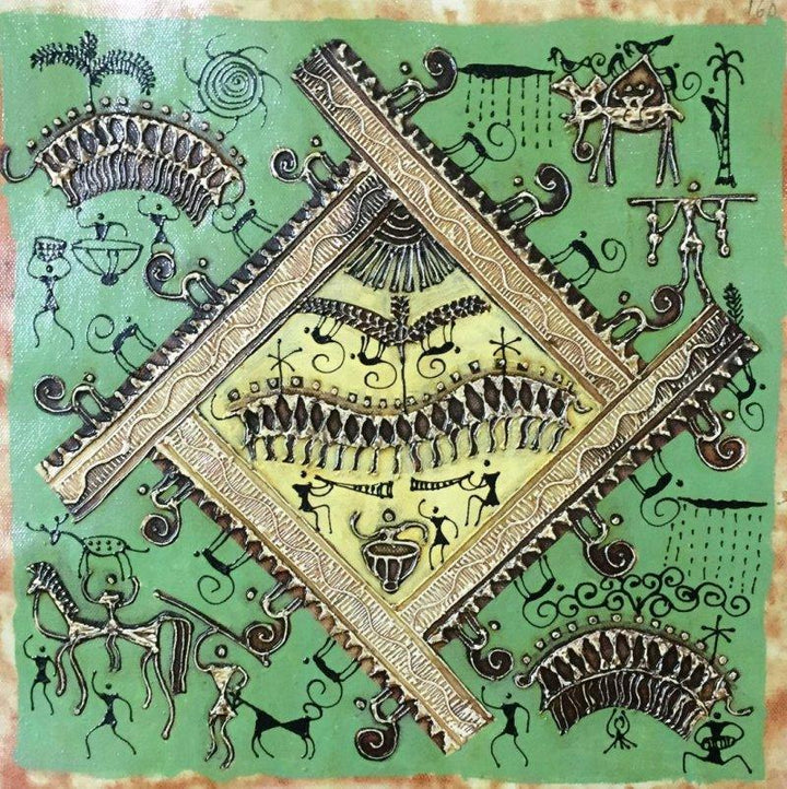 Folk Art tribal painting titled 'Warli Art 6', 12x12 inches, by artist Pradeep Swain on Canvas