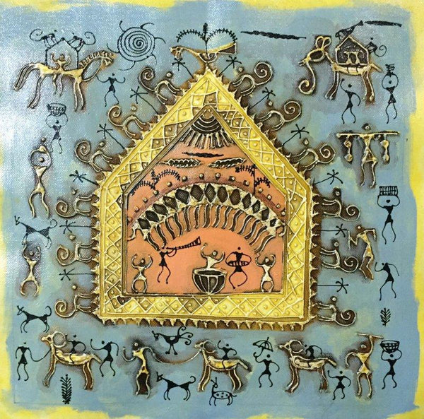 Folk Art tribal painting titled 'Warli Art 7', 12x12 inches, by artist Pradeep Swain on Canvas