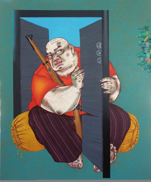 Figurative acrylic painting titled 'Warrior At Home', 60x48 inches, by artist Mrinal Dey on Canvas