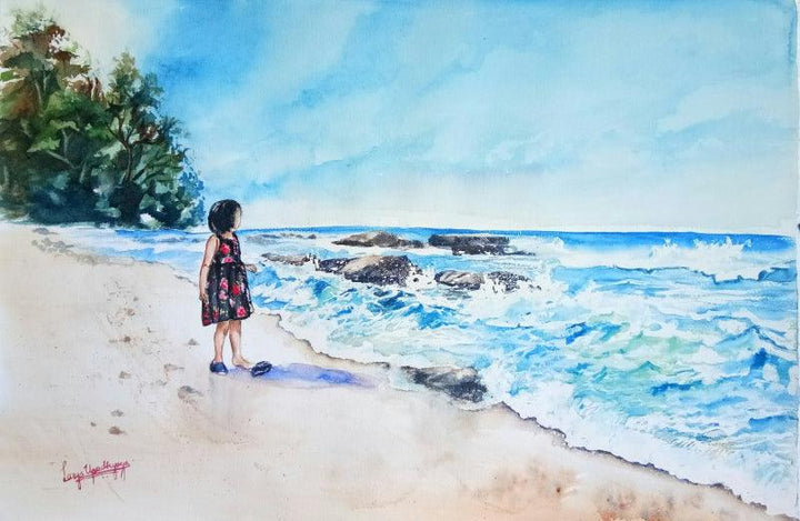 Seascape watercolor painting titled 'Watching the waves', 21x14 inches, by artist Lasya Upadhyaya on Paper