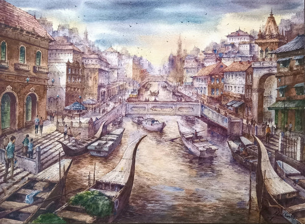 Cityscape watercolor painting titled 'Water City 3', 22x30 inch, by artist Shubhashis Mandal on Handmade Paper