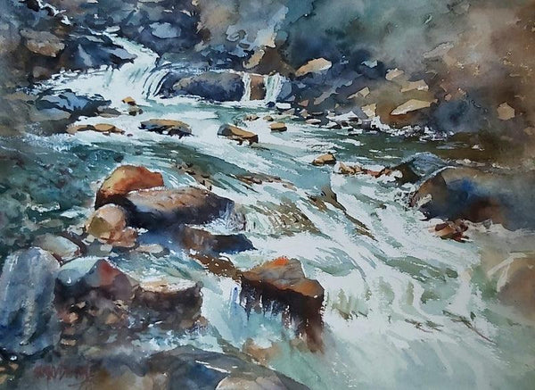 Landscape watercolor painting titled 'Water fall', 20x14 inches, by artist Sanjay Dhawale on handmade paper