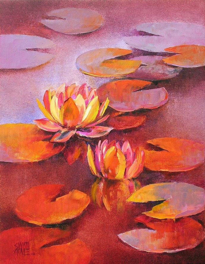 Nature oil painting titled 'Water Lilies 12', 18x14 inches, by artist Swati Kale on Canvas