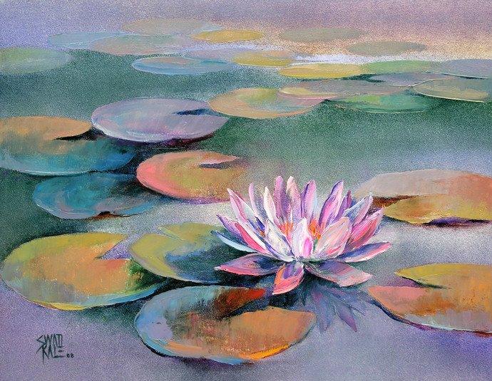 Nature oil painting titled 'Water Lilies 15', 14x18 inches, by artist Swati Kale on Canvas