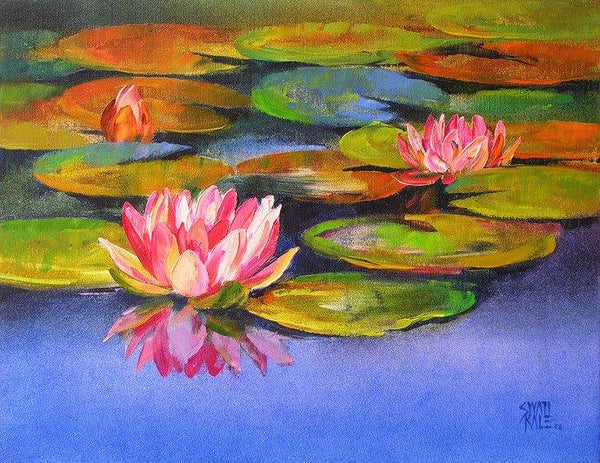 Nature oil painting titled 'Water Lilies 17', 14x18 inches, by artist Swati Kale on Canvas