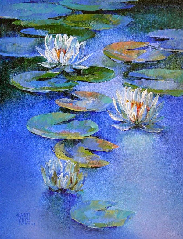 Nature oil painting titled 'Water Lilies 19', 18x14 inches, by artist Swati Kale on Canvas