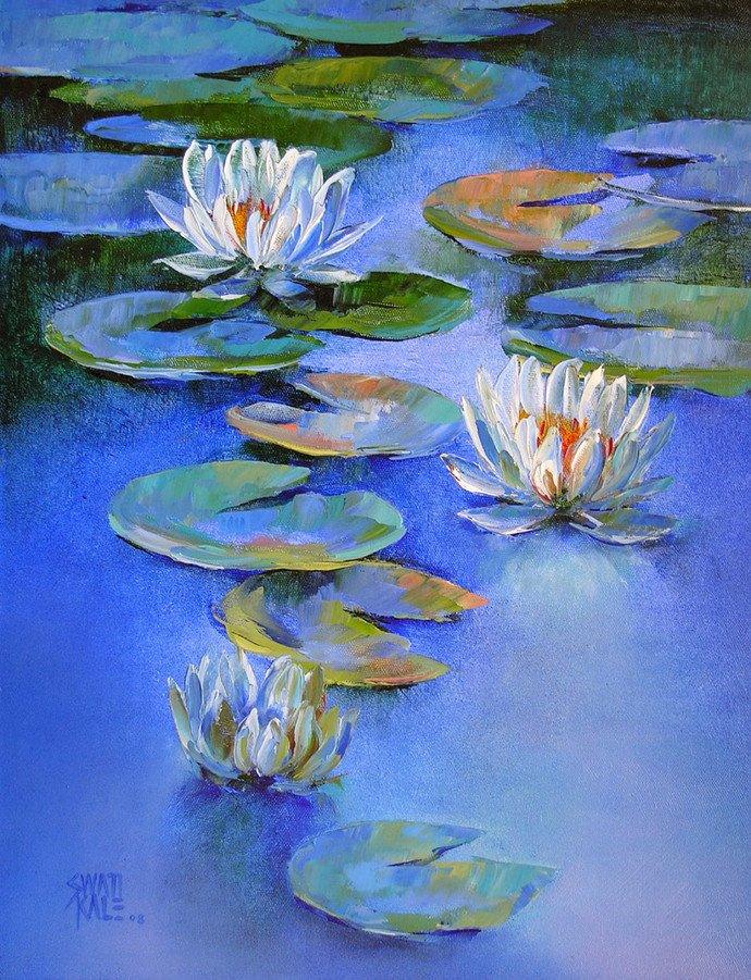 Nature oil painting titled 'Water Lilies 19', 18x14 inches, by artist Swati Kale on Canvas