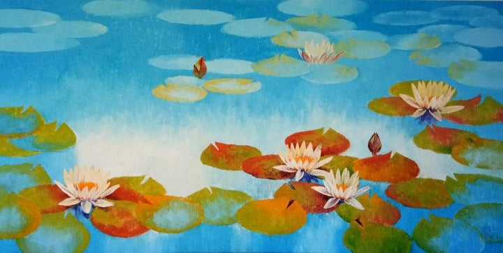 Nature oil painting titled 'Water Lilies 22', 30x60 inches, by artist Swati Kale on Canvas