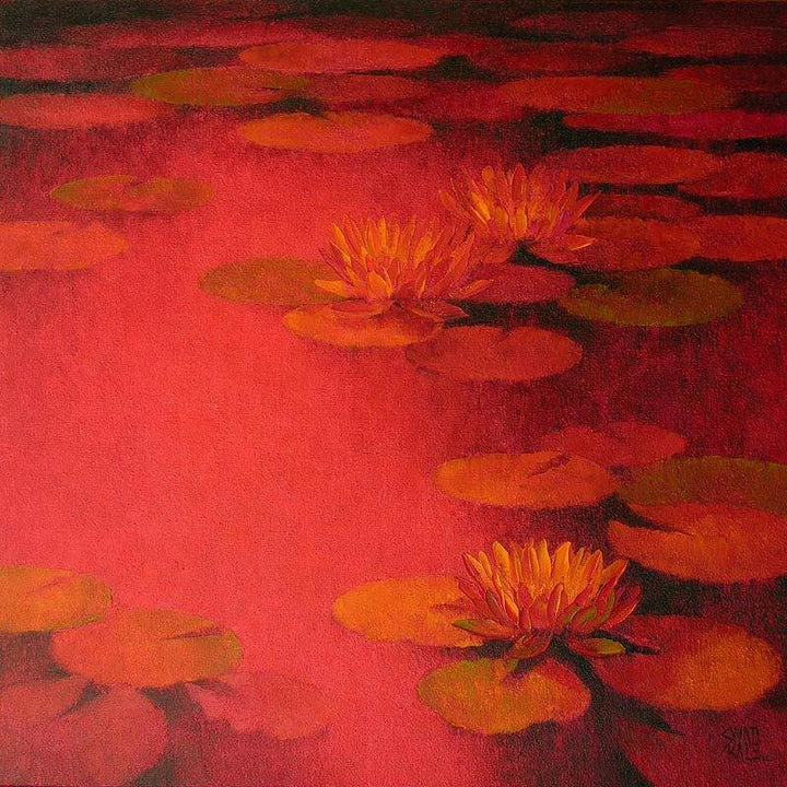 Nature oil painting titled 'Water Lilies 24', 24x24 inches, by artist Swati Kale on Canvas