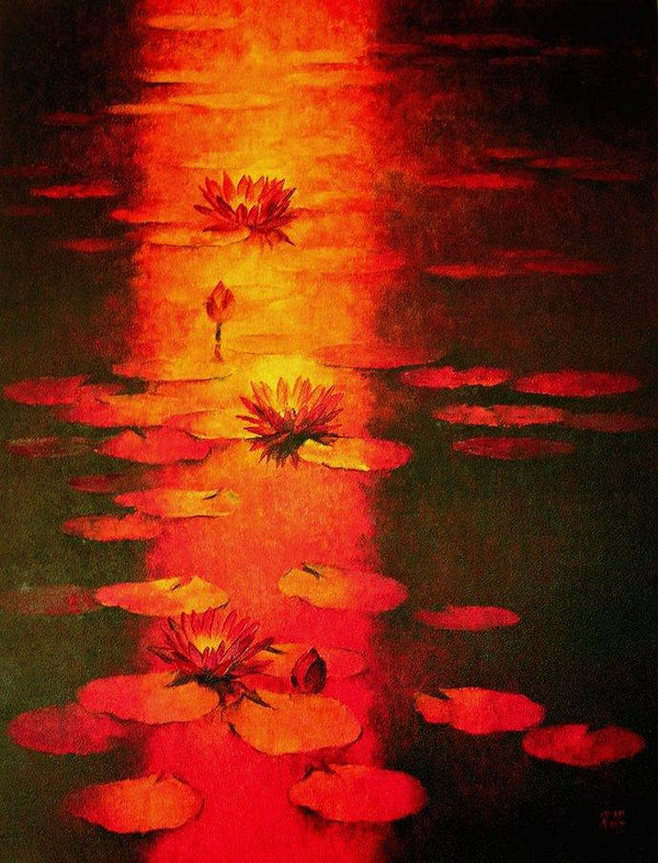 Nature oil painting titled 'Water Lilies 60', 42x32 inches, by artist Swati Kale on Canvas