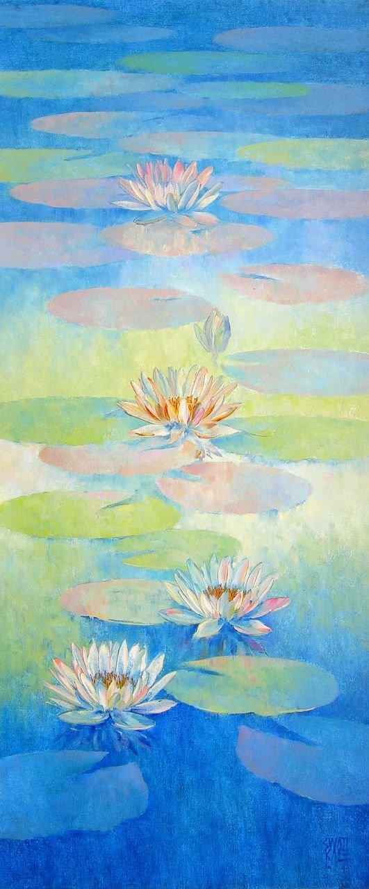 Nature oil painting titled 'Water Lilies 69', 42x18 inches, by artist Swati Kale on Canvas