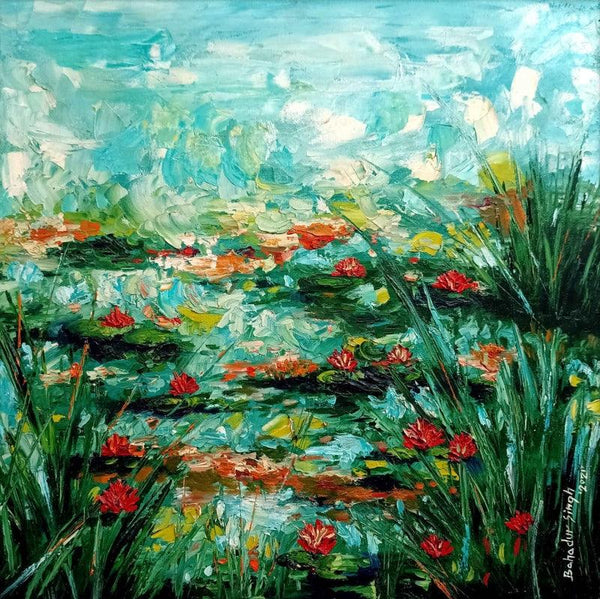 Nature oil painting titled 'Water Lilly', 39x39 inches, by artist Bahadur Singh on Canvas