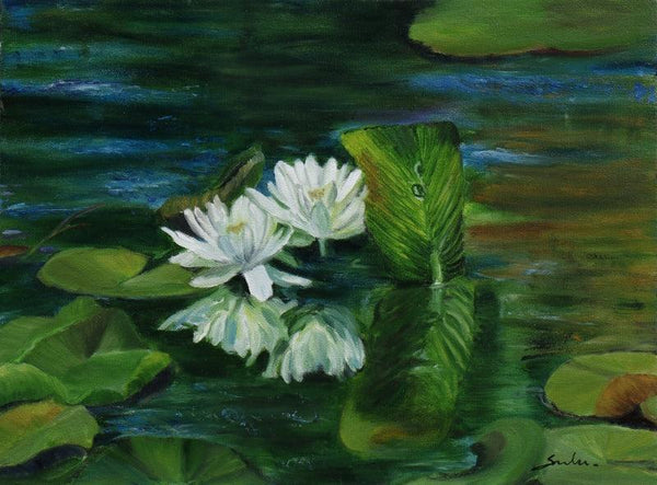 Nature oil painting titled 'Water Lily 15', 24x18 inches, by artist Sulakshana Dharmadhikari on Canvas