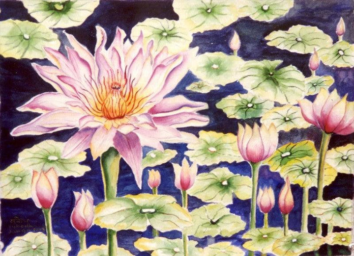 Nature watercolor painting titled 'Water Lily', 11x15 inches, by artist Subodh Maheshwari on Paper