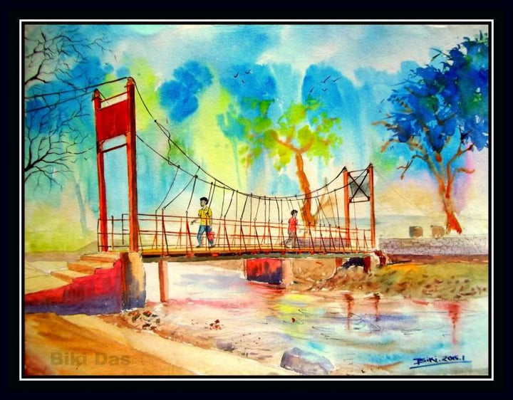 Landscape watercolor painting titled 'Water pool nd Backgraound hill', 30x22 inches, by artist Biki Das on Handmade Paper