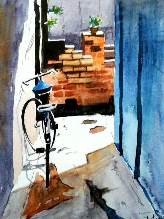 Cityscape watercolor painting titled 'Watercolor 1', 14x11 inches, by artist Chetan Agrawal on Handmade Paper