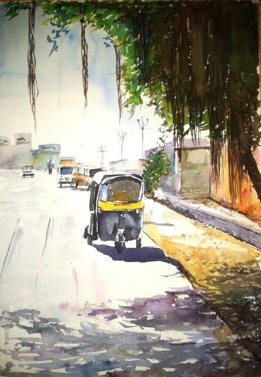 Cityscape watercolor painting titled 'Watercolor 5', 11x14 inches, by artist Chetan Agrawal on Handmade Paper