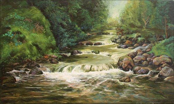 Seascape acrylic painting titled 'Waterfall 1', 18x30 inches, by artist Chandrashekhar P Aher on Canvas