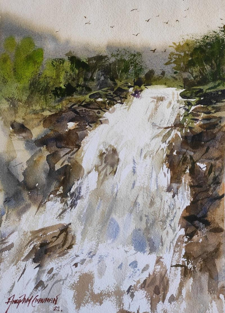 Nature watercolor painting titled 'Waterfall', 11x8 inches, by artist Anupam Chauhan on Paper